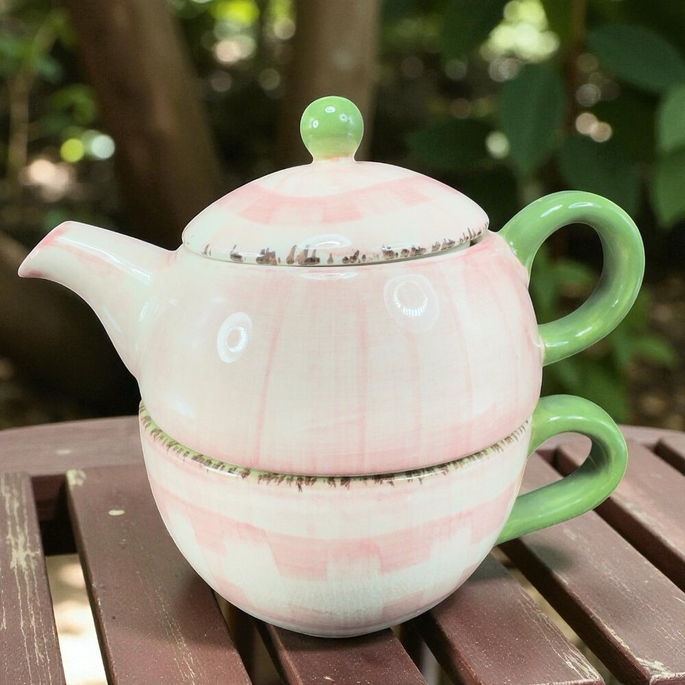 Franciscan Flora Pink Individual Tea Set Cup Pot Lid Wedgewood Gingham Check VTG